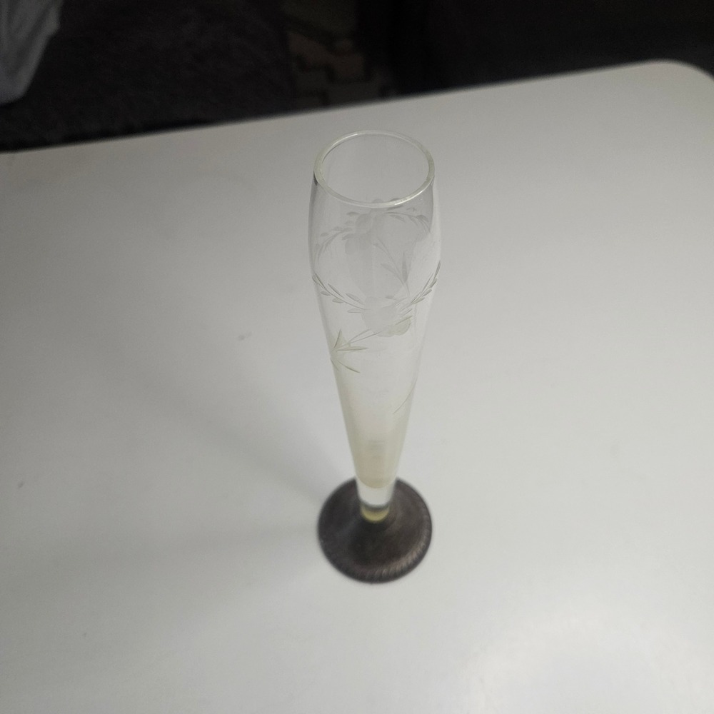 Duchin Creation Sterling Silver Weighted Base Etched Glass Bud Vase Vintage 50s‎